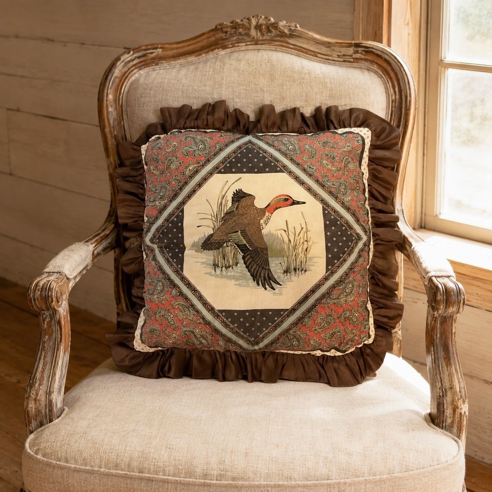 Vintage Mallard Duck Ruffled Throw Pillow Brown Paisley Cabin Lodge 19x19